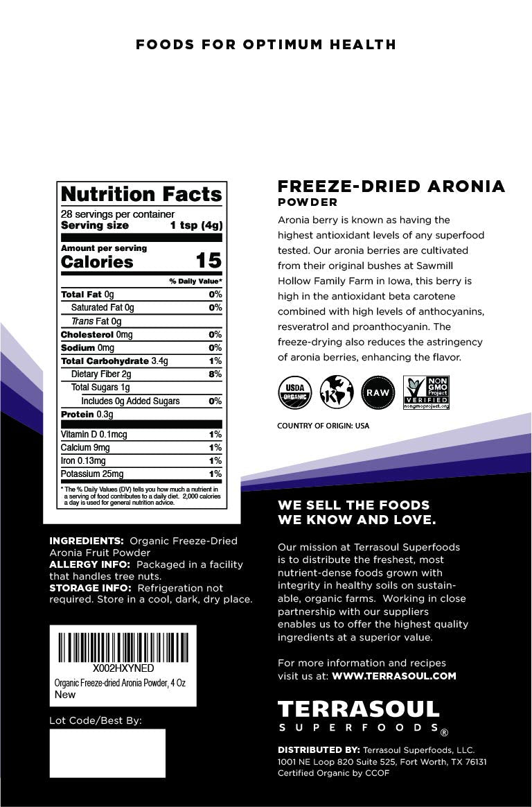 Terrasoul Superfoods Organic Aronia Powder, 4 Oz - Freeze-Dried, Antioxidants