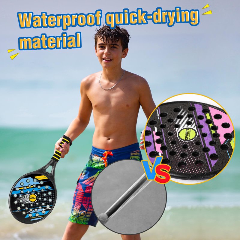 Kids Beach Pickle Ball Set - Waterproof Tennis Racket with Air Hole Beach Toys for Kids and Adults Family, 2 Set of Beach Tennis Paddle with 3 Pack Premium Pickleball Balls Gifts for Girls Boys