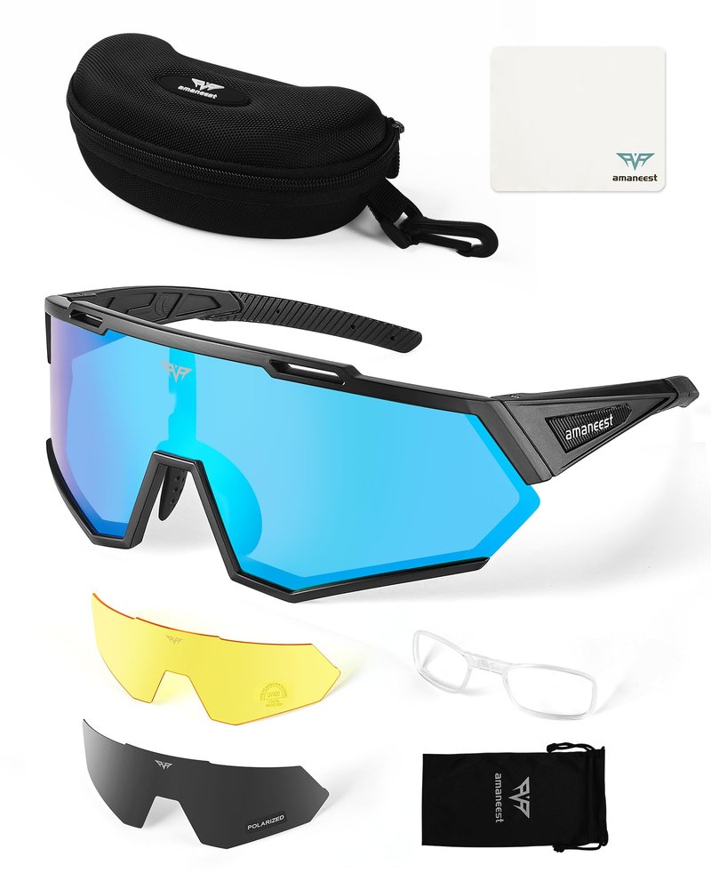 AMANEEST Safety Sunglasses for Men and Women,for Running Cycling Construction UV Protection(Ice-Blue Lens&Night Lens,Gray Polarized Lens)