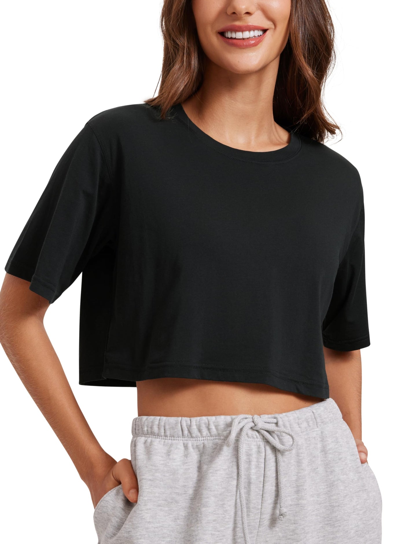 CRZ YOGA Pima Cotton High Neck Crop T-Shirt Black Medium
