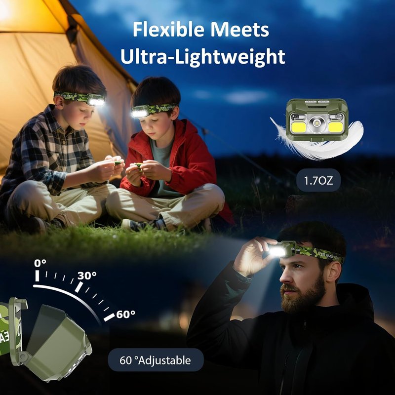 Rechargeable Headlamp - Super Bright Motion Sensor LED Headlight | 8 Modes, Waterproof, 2-Pack - Green