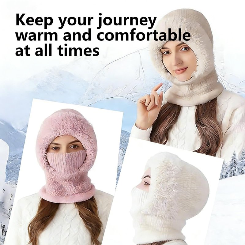 2026 New 3 in 1 Beanie Balaclava for Women, Fleece Lined Winter Hat with Scarf and Ski Mask, Windproof Knit Set (Cream)