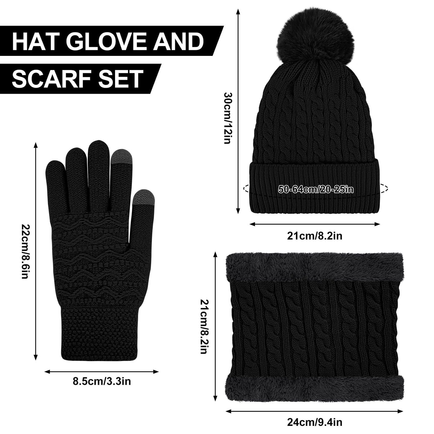 3Pcs Winter Beanie Hat Scarf Gloves Set for Women Thick Warm Knit Fleece Lined Skull Cap Neck Warmer Touch Screen Gloves Black