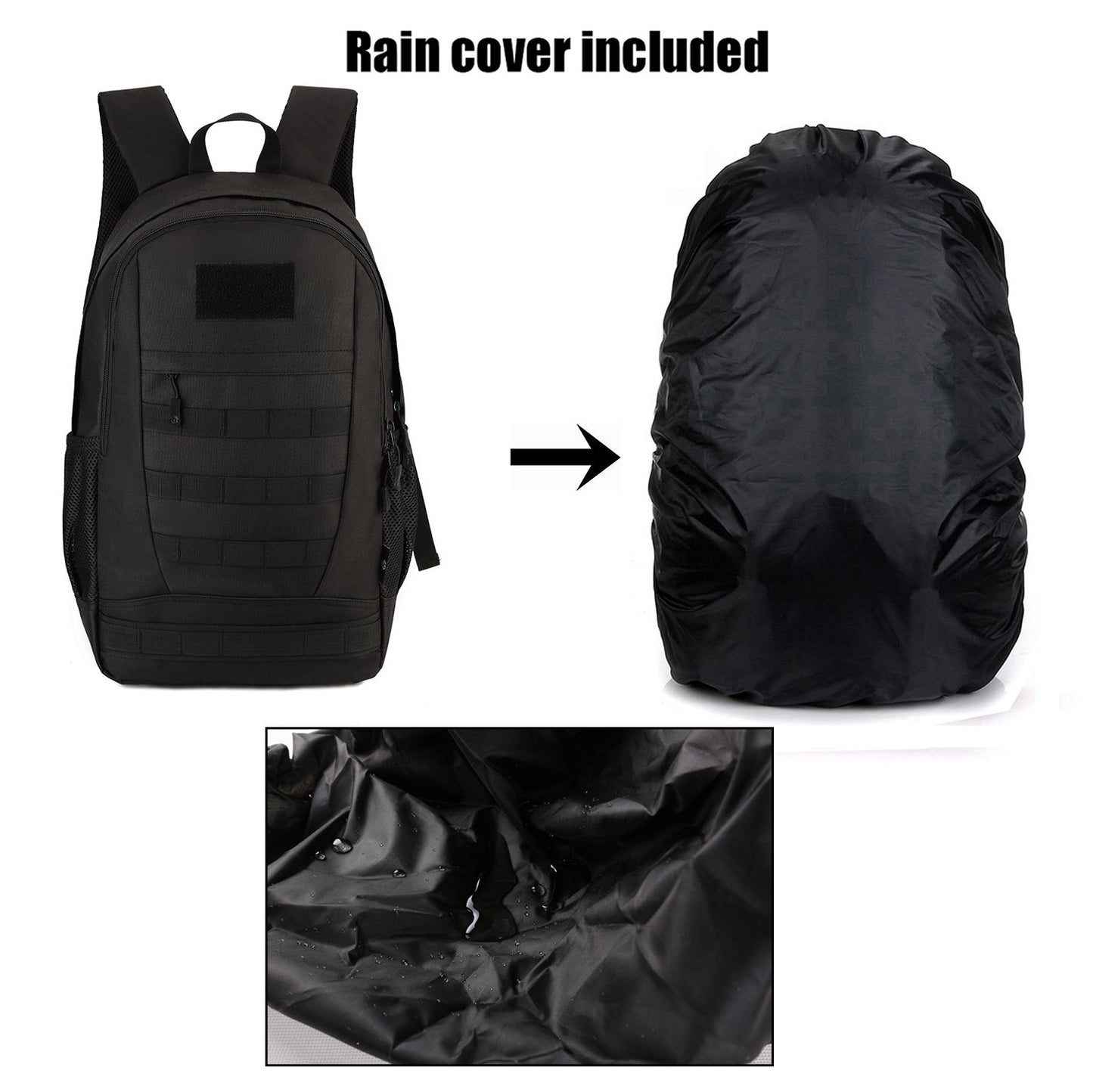 ArcEnCiel Motorcycle Backpack Tactical Bag Army Pack Rucksacks for Outdoor Hiking Camping Trekking with Patch - Rain Cover Included (Black)