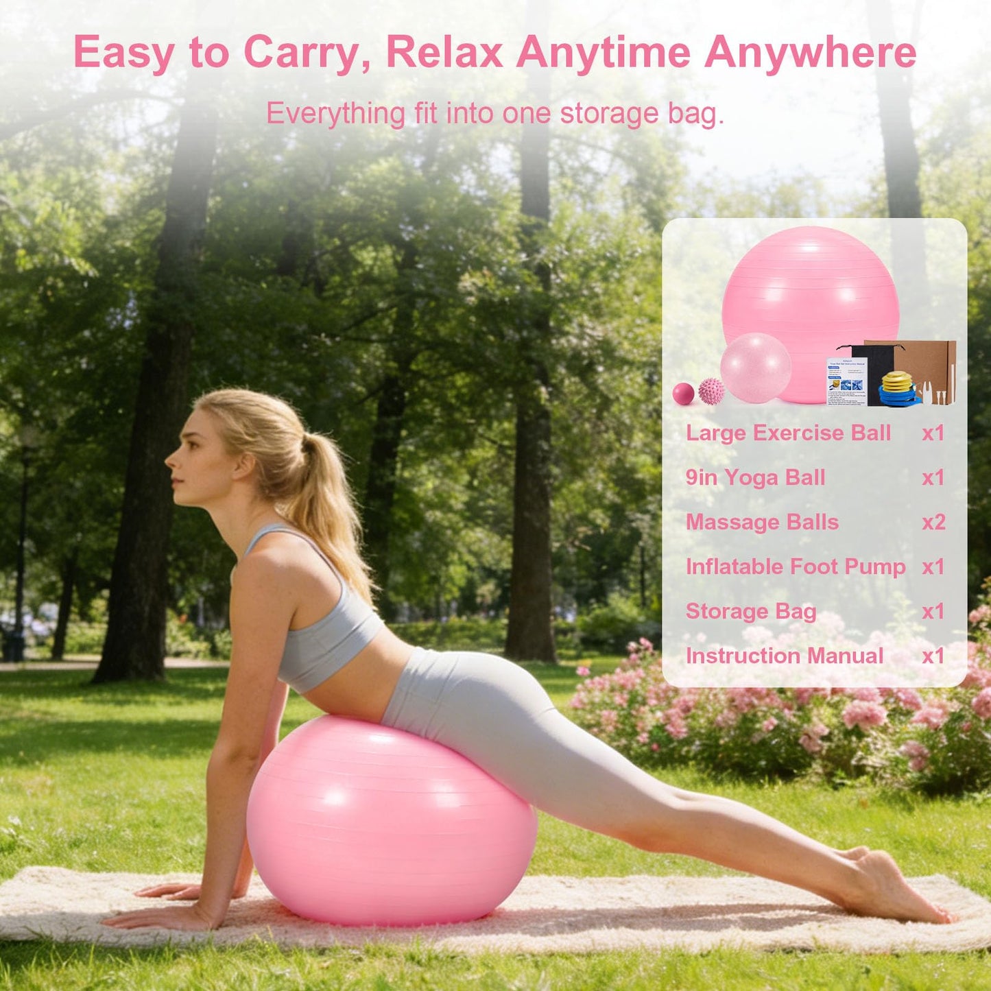 4Pcs Yoga Ball Set includes Large and 9in Pilates Balls, Massage & Spiky Ball for Fitness ,Anti-Burst Exercise Ball with Pumb for Pregnancy,Physical Therapy,Office Chair, Home Workout,3Sizes,Pink