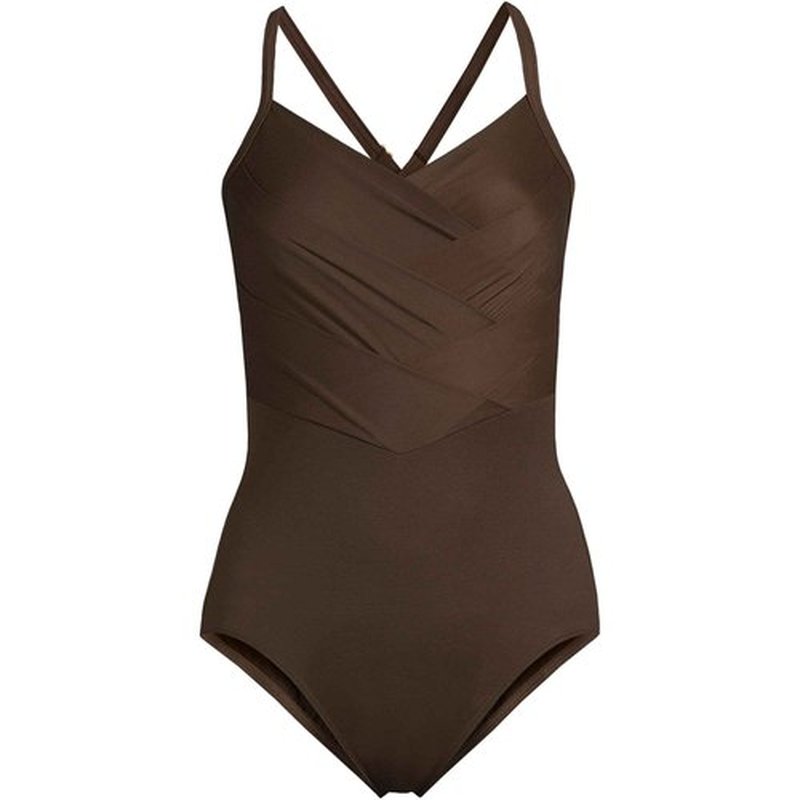 Lands' End Women's Slender Suit V-Neck Pleated X-Back One Piece Swimsuit 16 Rich Coffee