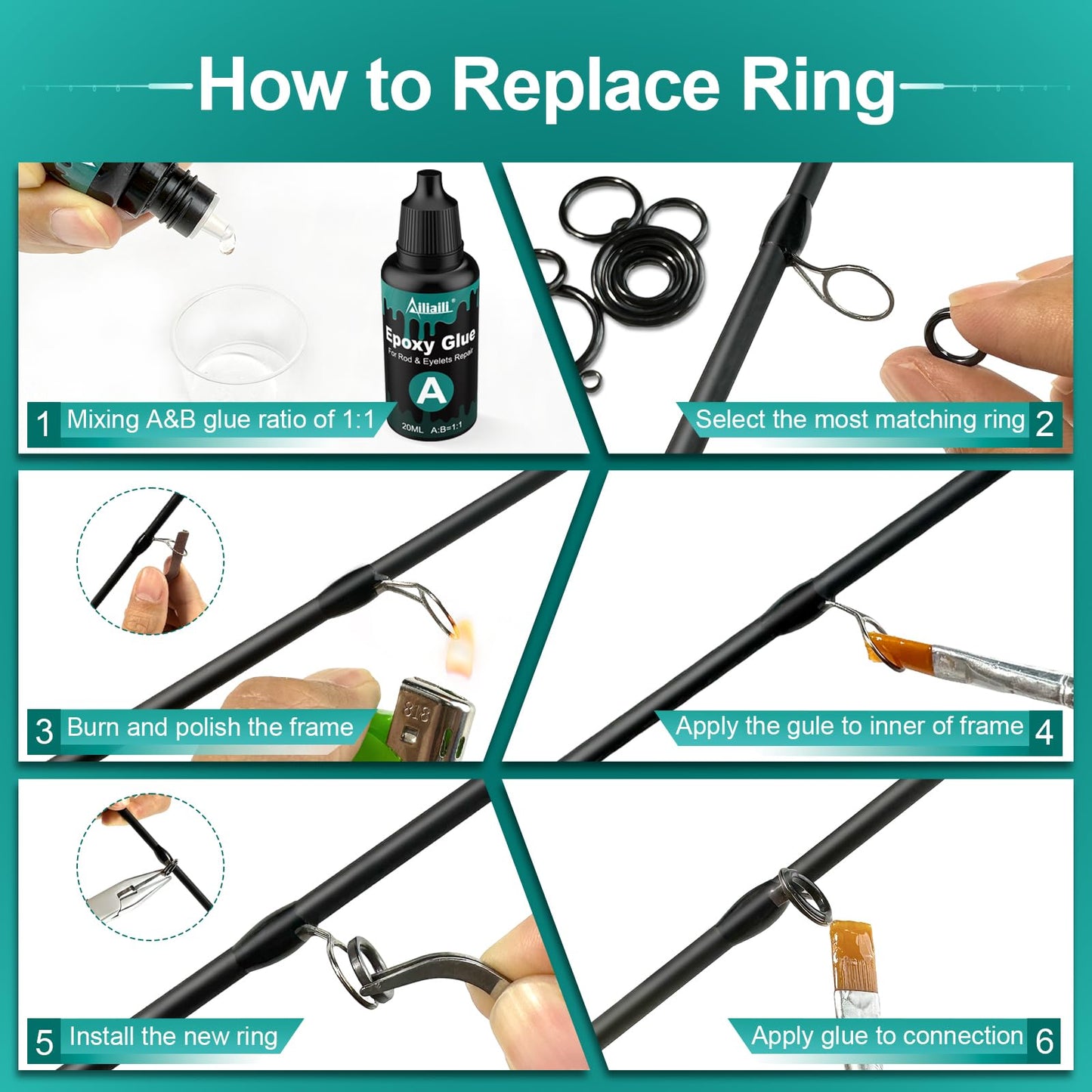 ailiaili Fishing Rod Repair Kit, Fishing Pole Eyelet Repair -13 Sizes 52Pcs Ceramic Guide Rings for Replacement, Rod Tip Accessories & Gear | High-Hardness | Low-Friction/w A&B Epoxy Glue Tweezer