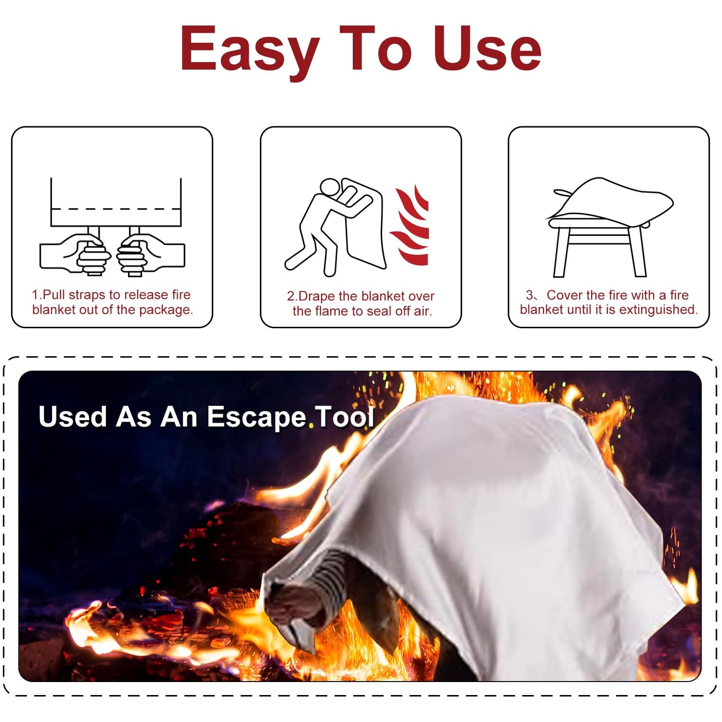 RAOARA Fire Blanket - 2 Pack 40" x 40" Fire Blanket for Home and Kitchen, Flame Suppression Fiberglass Fire Blankets for House, Camping, Grill, Car, Office, Warehouse, Emergency Fire Blanket