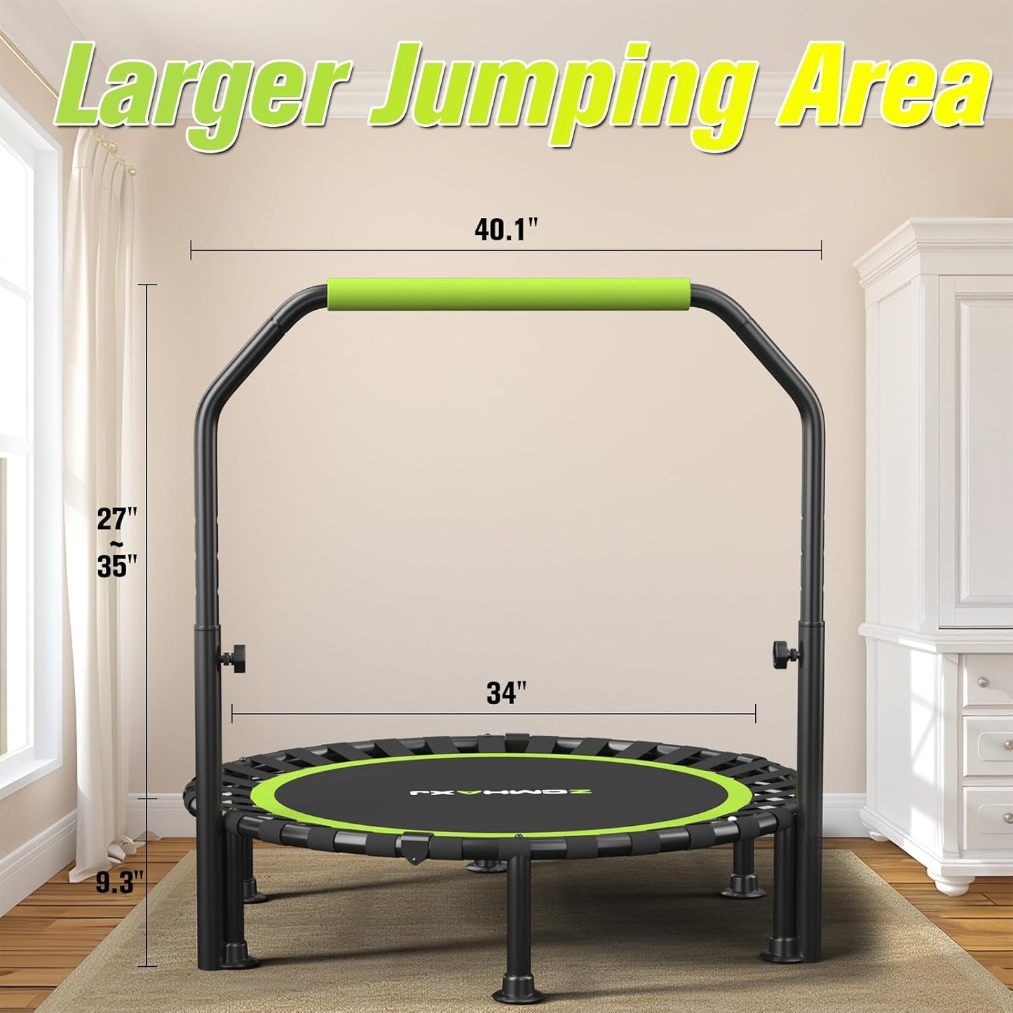 Foldable Mini Trampoline - 40"/48" Rebounder for Adults & Kids | 450lbs Capacity with Adjustable Bar for Indoor Fitness