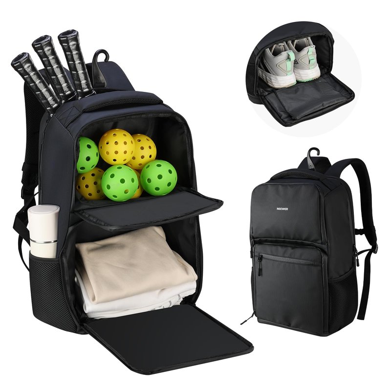 NEEWER Pickleball Bag for Men/Women, Holds 4-10 Paddles/6 Pickle Balls/Size 16 Shoes, Water Resistant Accessories Backpack with Shoe Compartment, Fence Hook, Side Pockets, Rubber Feet, PB01B