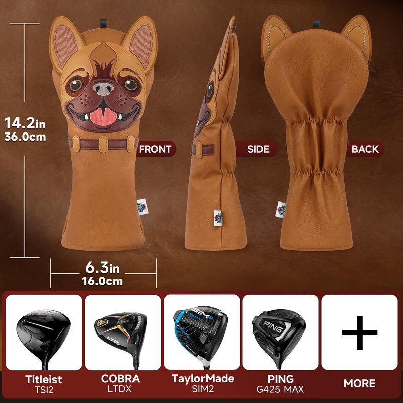 Big Crazy Driver Headcover, Golf Head Covers, French Bulldog Design, Patch Embroidery, Premium PU Leather, Funny Golf Gift