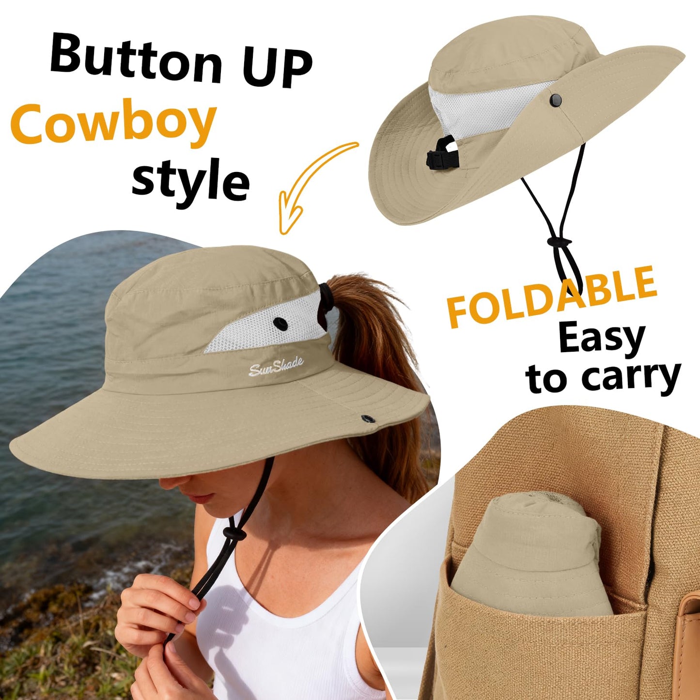 ZOORON Women's Ponytail Safari Sun Hat,Wide Brim UV Protection Bucket Hat