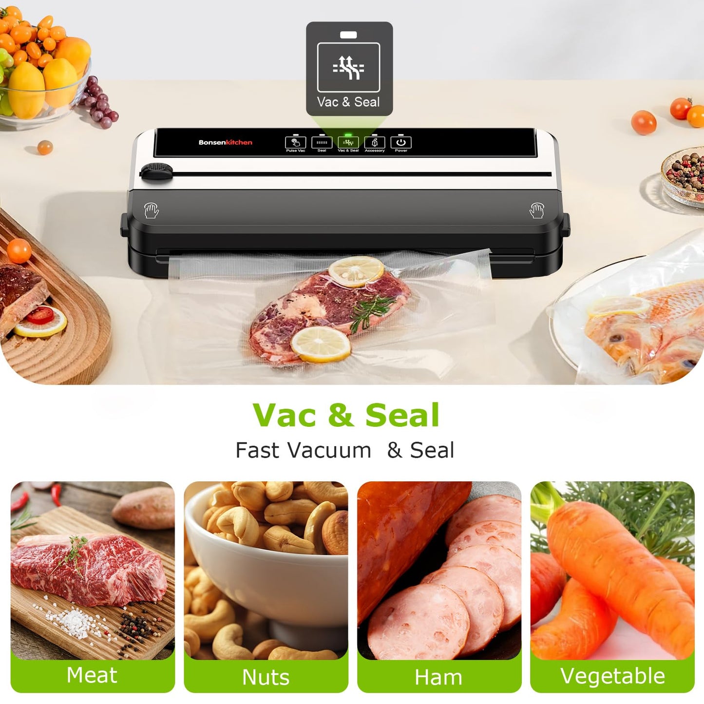 Bonsenkitchen Vacuum Sealer Machine, Built-in Cutter | Multifunctional Food Sealer for Sous Vide & Meal Prep, 5 Pre-Cut Bags, Black