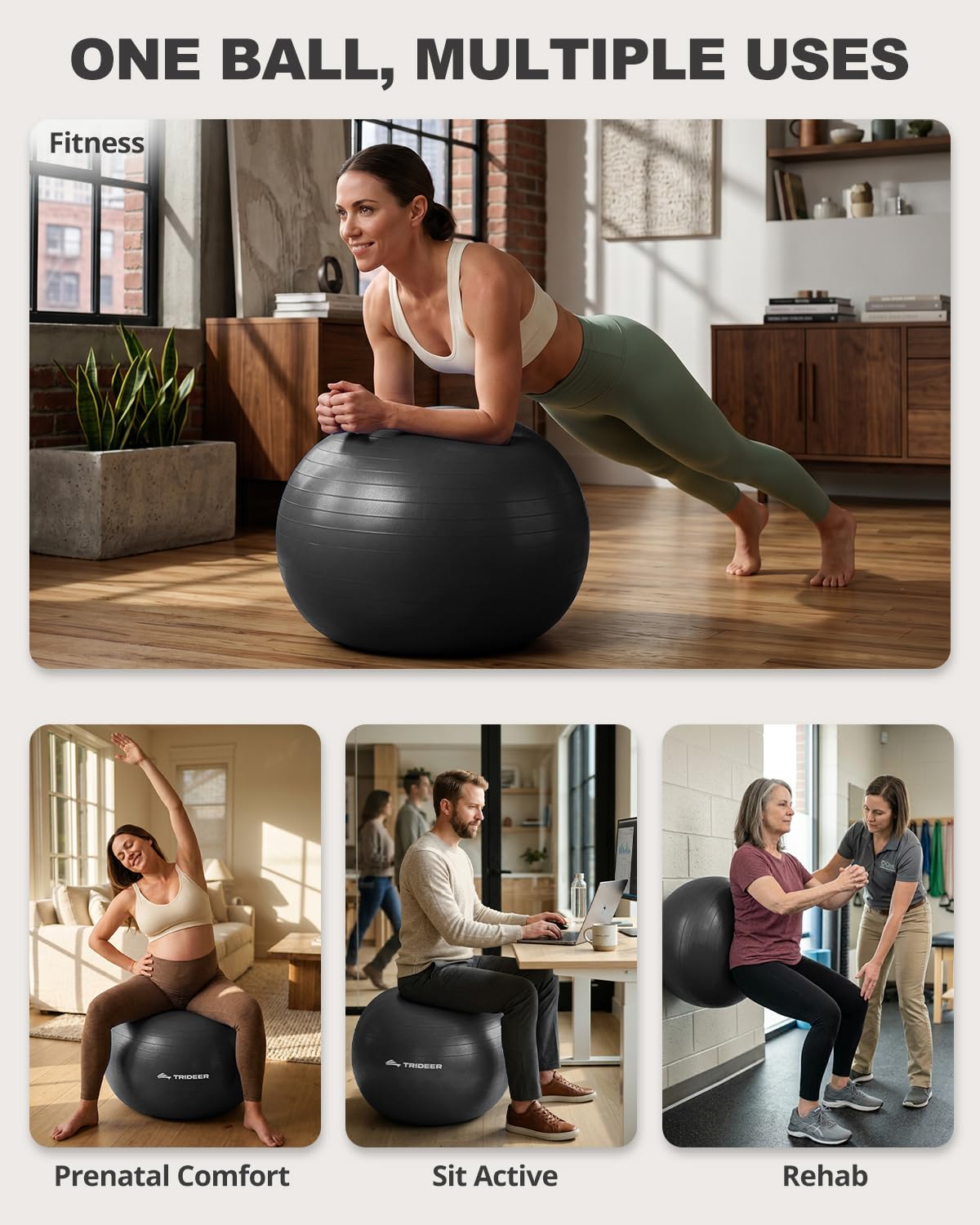 Trideer Yoga Ball for Exercise, Pregnancy & Birthing, 5 Sizes Exercise Ball for Physical Therapy, Stability, Fitness, Quick Pump Included