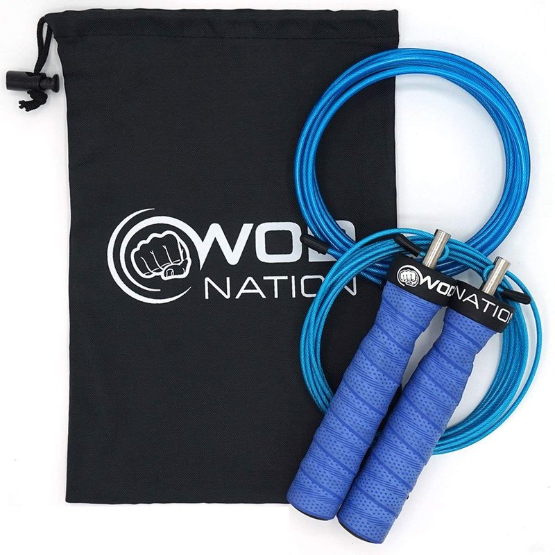 WOD Nation Adjustable Jump Rope - Dual-Speed Cables for HIIT & Fitness - Quick Adjustments for Smooth Jumping Rope Workouts - Travel Bag Included for On-the-Go Gym Accessory - 11 ft, Blue