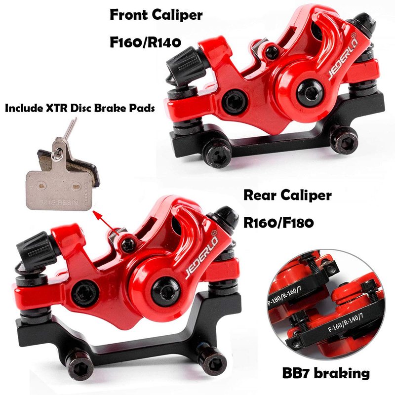 Farbetter Mechanical Bike Disc Brake Kit, Including Front and Rear Caliper, Brakes Cables, Brake Levers, 160mm Rotor, with Cable End Tips Caps, Rotating S-Hook Clips, Disc Rotor Adjuster (Red)