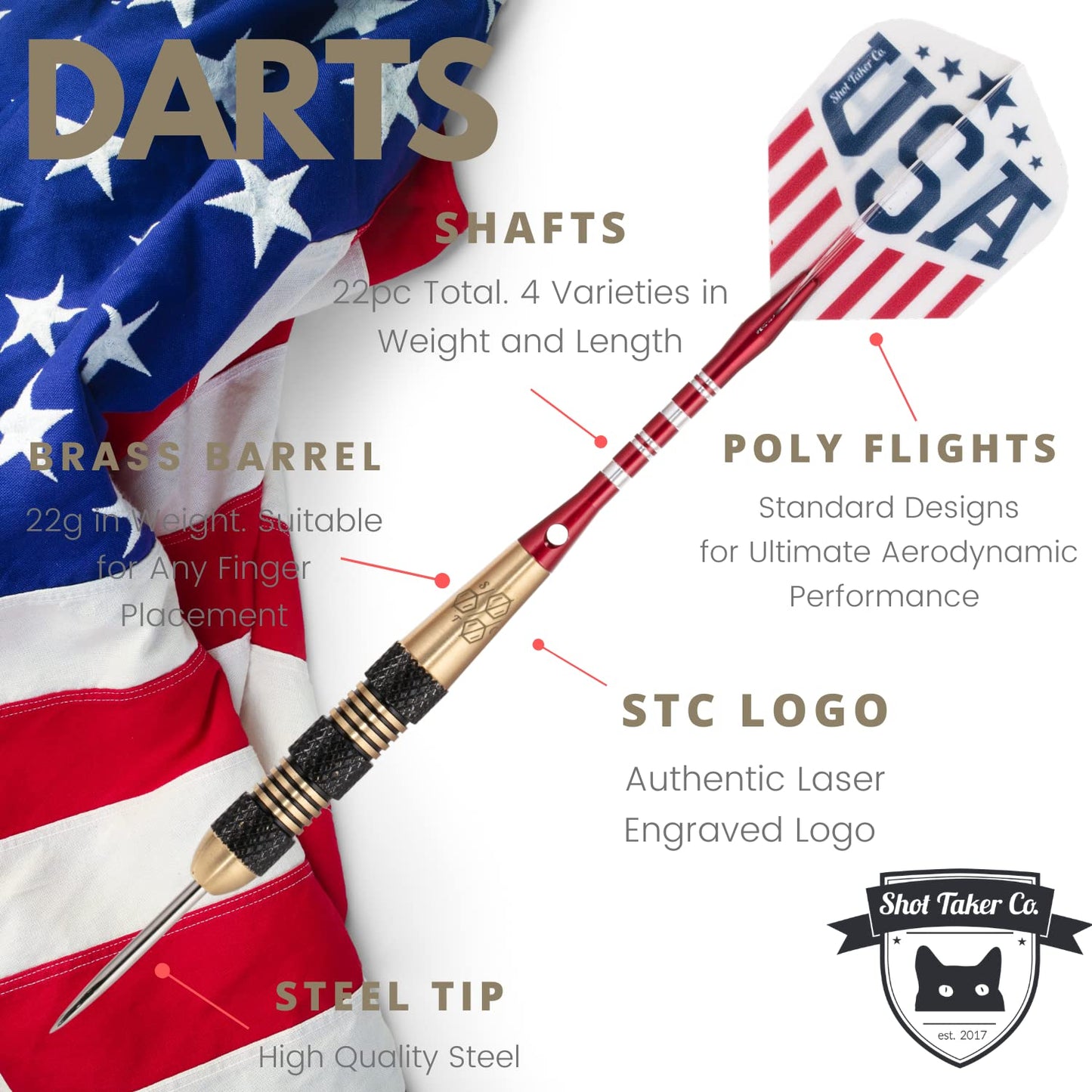 Steel Tip Darts Set - Professional Darts Steel Tip for Dartboard - Includes Brass Barrels + Plastic & Aluminum Shafts + Rubber O'Rings + Flights + Darts Sharpener + Wrench (22g-USA B-STC10450)