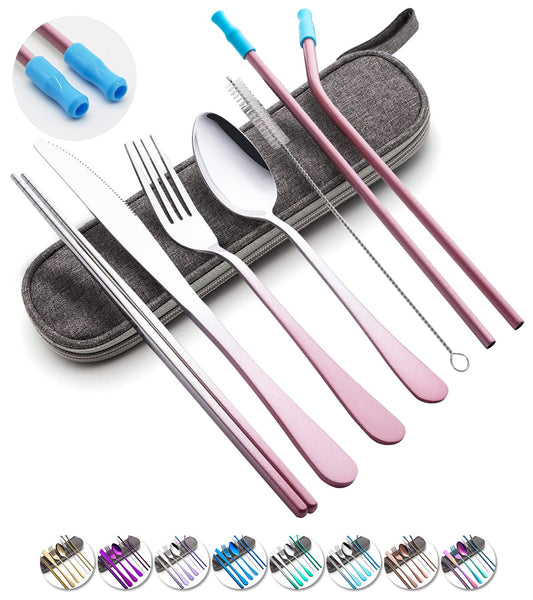 Travel Utensils Set with Case Reusable Portable Cutlery Set Stainless Steel 8pcs Including Dinner Knife Fork Spoon Chopsticks straws(Gradient Pink)