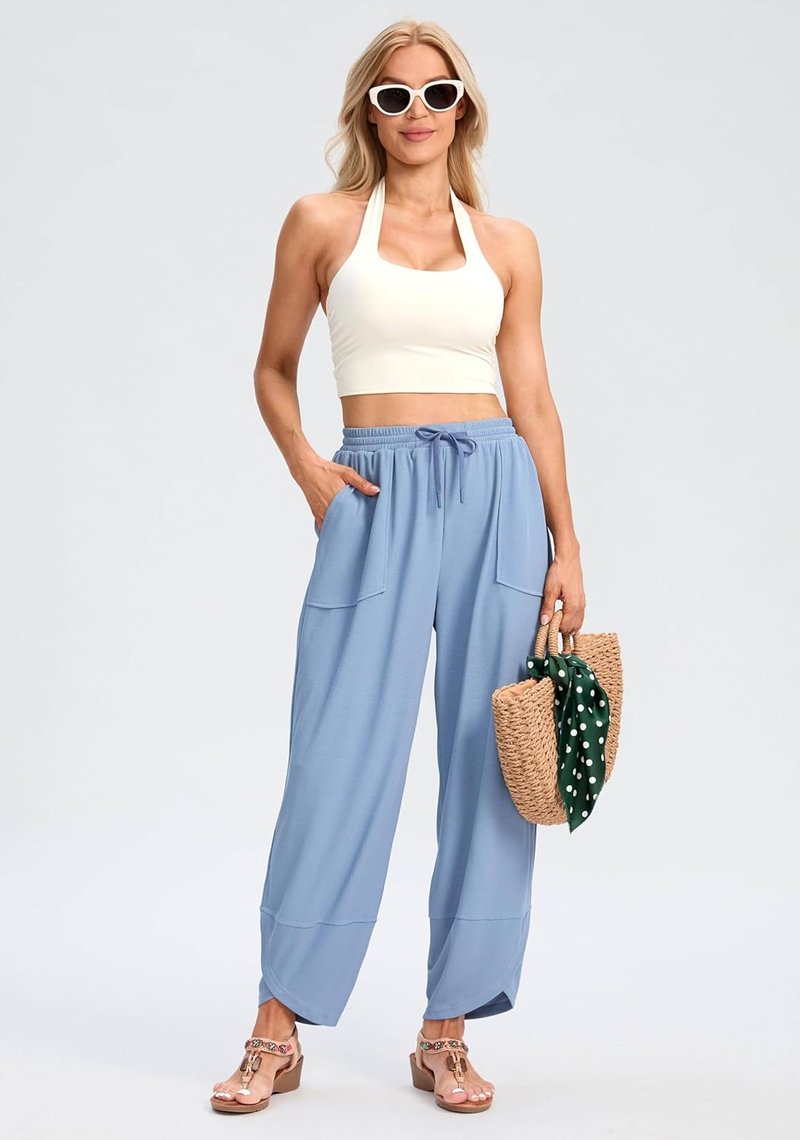 Wide Leg Pants for Women - Baggy Lightweight Waffle Knit Palazzo Harem Pants with Pockets | Casual Drawstring Design