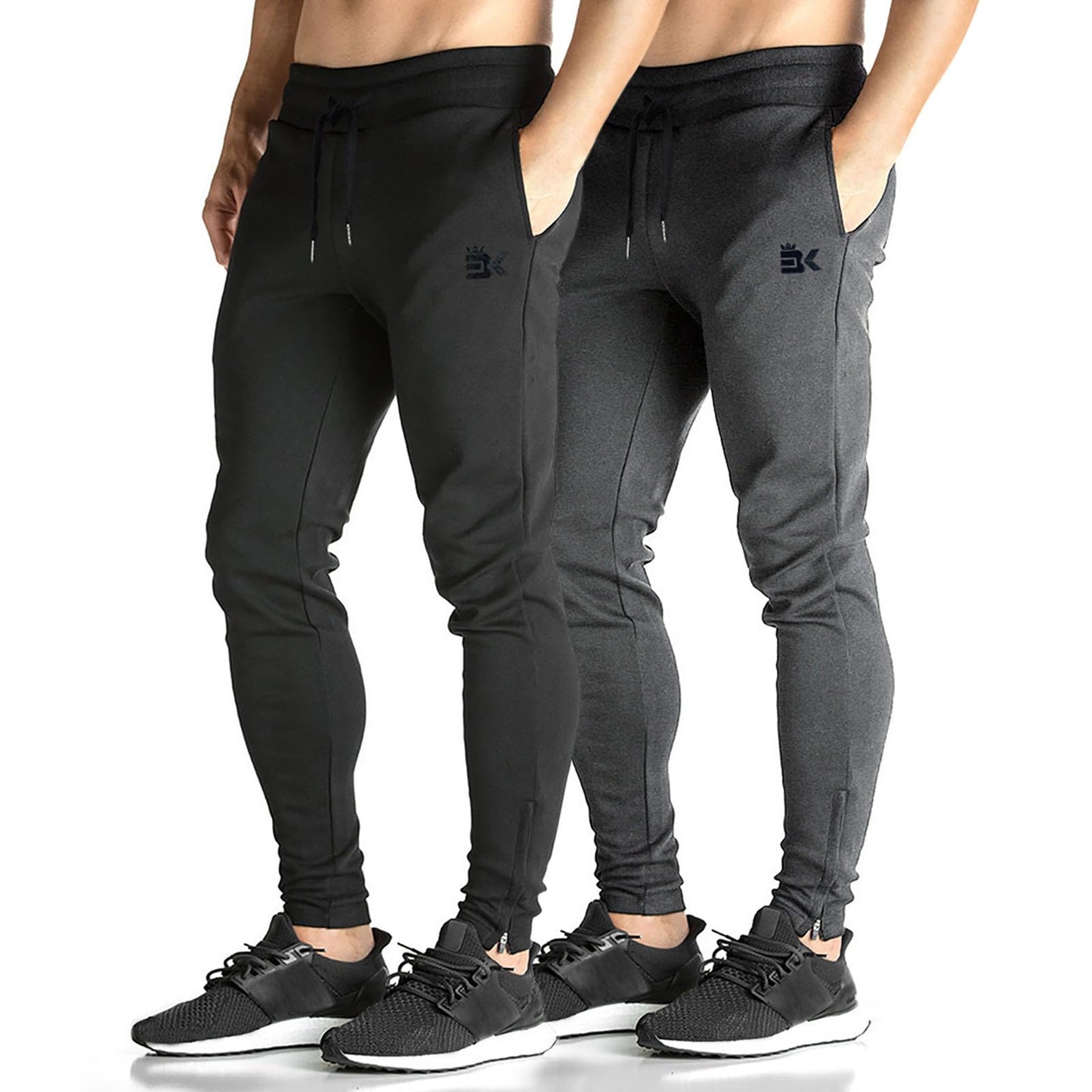 BROKIG Mens Zip Joggers Pants Casual Gym Workout Track Pants Tapered Sweatpants with Pockets (Large, 2 Pack Black+Dark Grey)