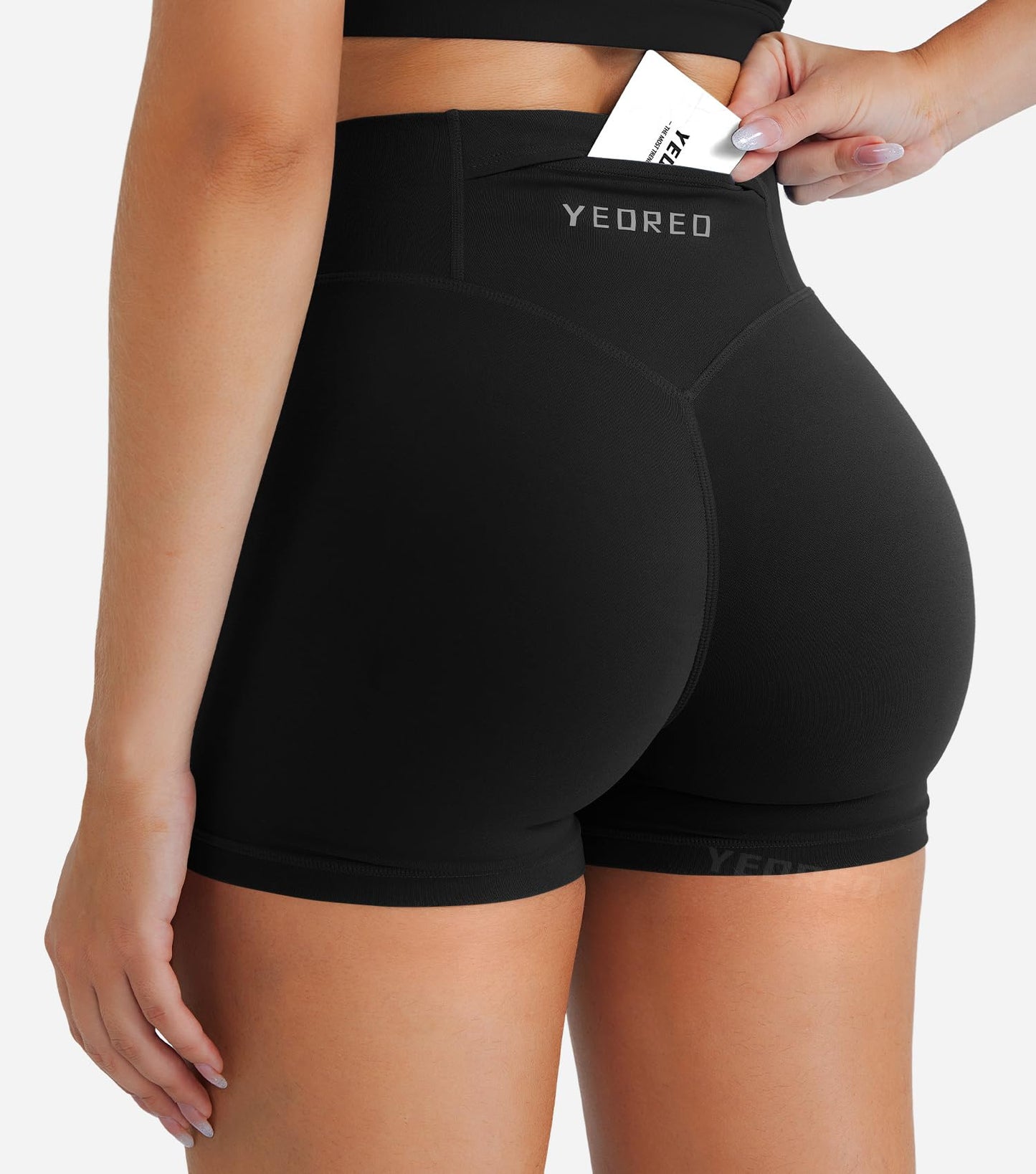 YEOREO Hidden Scrunch Workout Shorts with Pocket 3.5'' Inseam High Waist Gym Yoga Shorts Black L