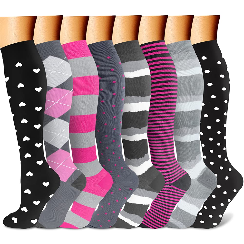 CHARMKING Compression Socks for Women & Men (8 Pairs) 15-20 mmHg Graduated Copper Support Calf Socks are Best for Pregnant, Nurses - Boost Performance, Circulation, Knee High Wide Calf(L/XL, Multi 41)