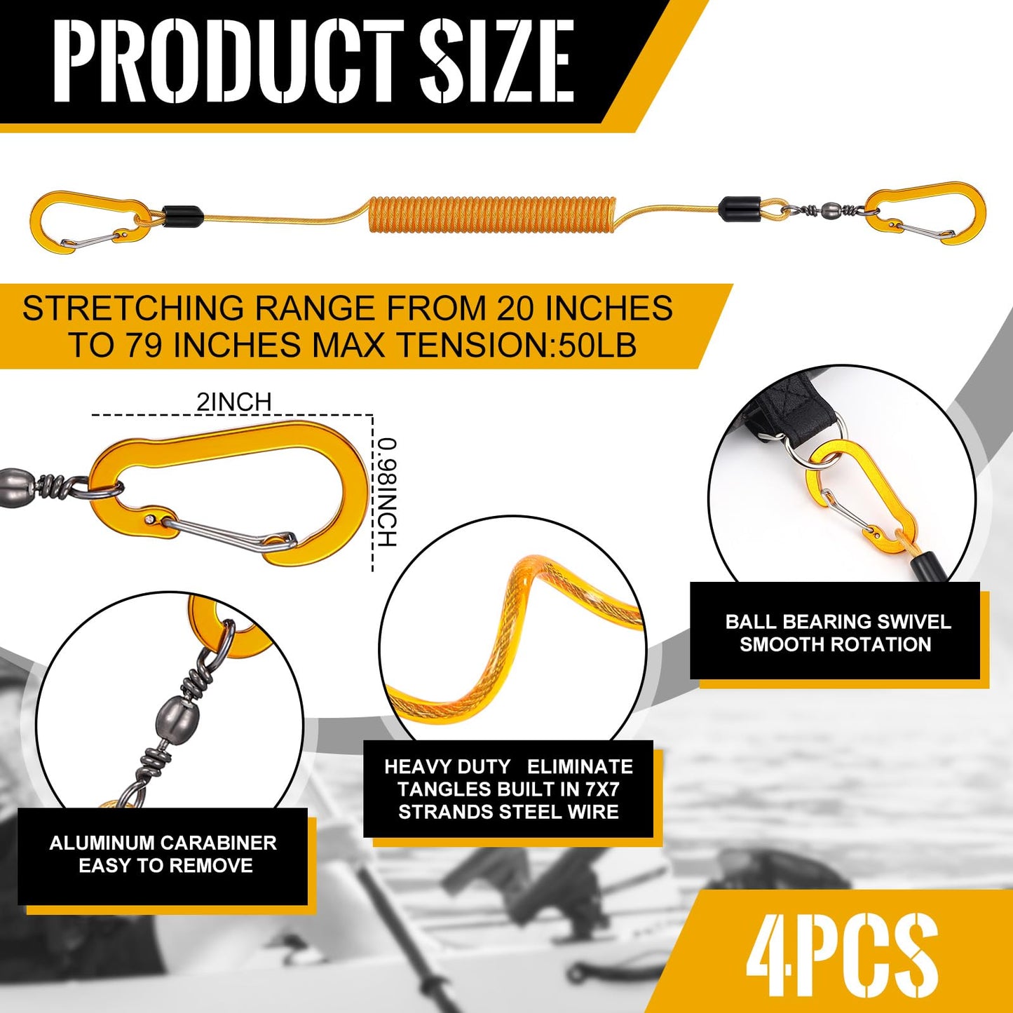 Gejoy 8 Pcs Kayak Paddle Leash Heavy Duty Retractable Coiled Lanyard Pole Tether Straps for Kayaking Boating Canoeing Fishing Pole Rod Board Fishing Accessories