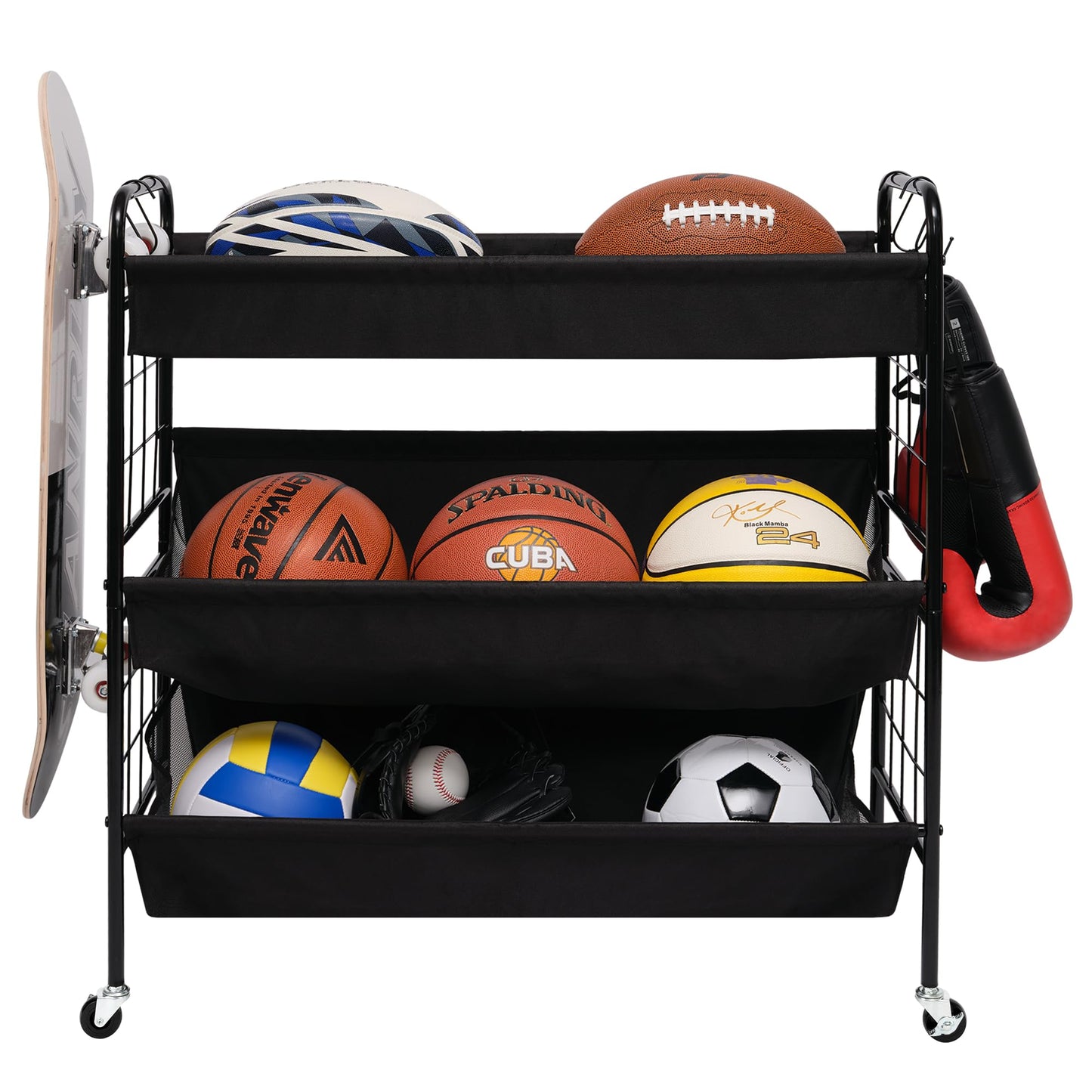 StorageWorks Sports Equipment Organizer with Hooks, Ball Rack Organizer with Wheels, 3-Shelf Ball Rack for Basketball, Football, Volleyball, Large