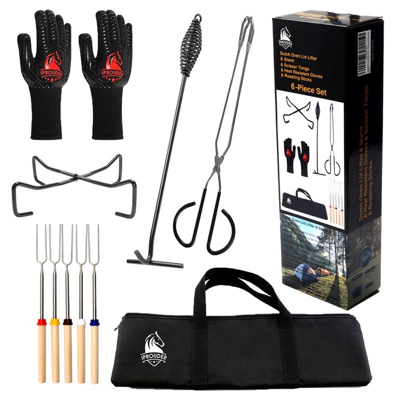 IPROUDER 6-in-1 Dutch Oven Camping Accessories Kit - Campfire Cooking Equipment with Marshmallow Roasting Sticks, Heat-Resistant Gloves, 16" Scissors Tongs, Lid Lifter & Lid Stand
