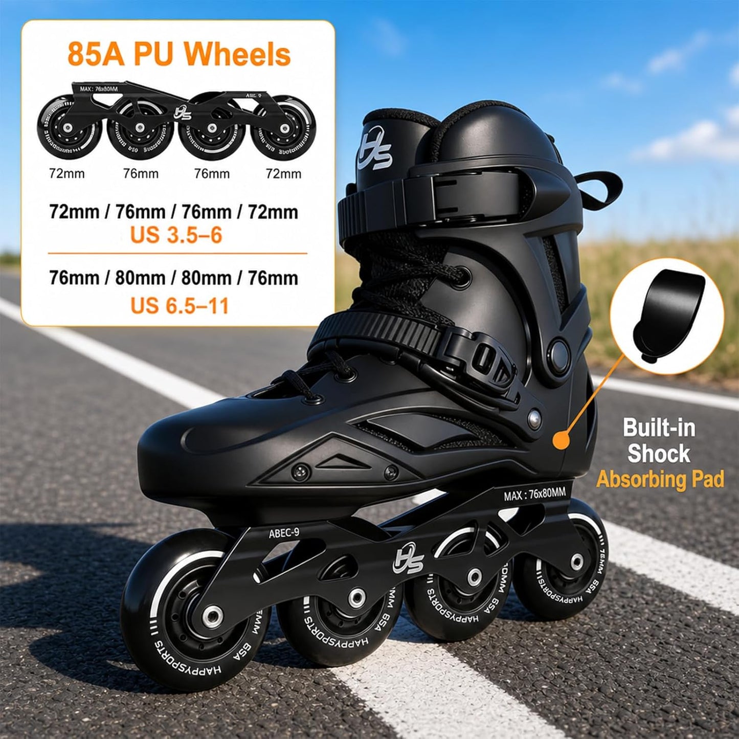 High-Performance Inline Skates for Men & Women - Ankle Support, Aluminum Frame | Smooth Ride on Asphalt & Indoor Fitness, Black