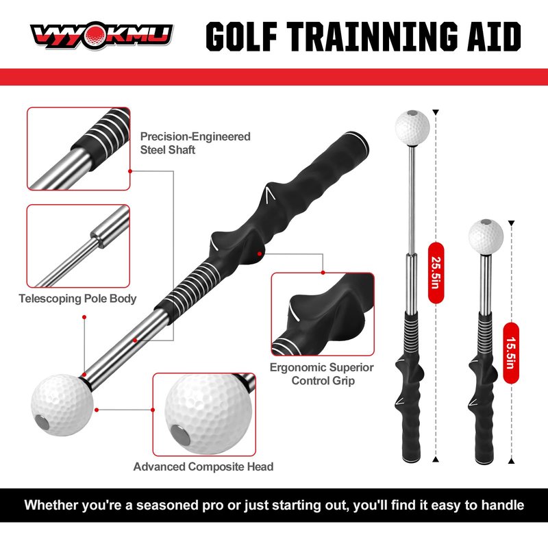 VYYOKMU Tempo Stick Golf for Right Hand, Retractable Golf Swing Training Aid with Arm Band, Telescopic Club Indoor & Outdoor Practice Warm-Up Golf Swing Trainer for Golfer Beginner Men Woman Golf Gift