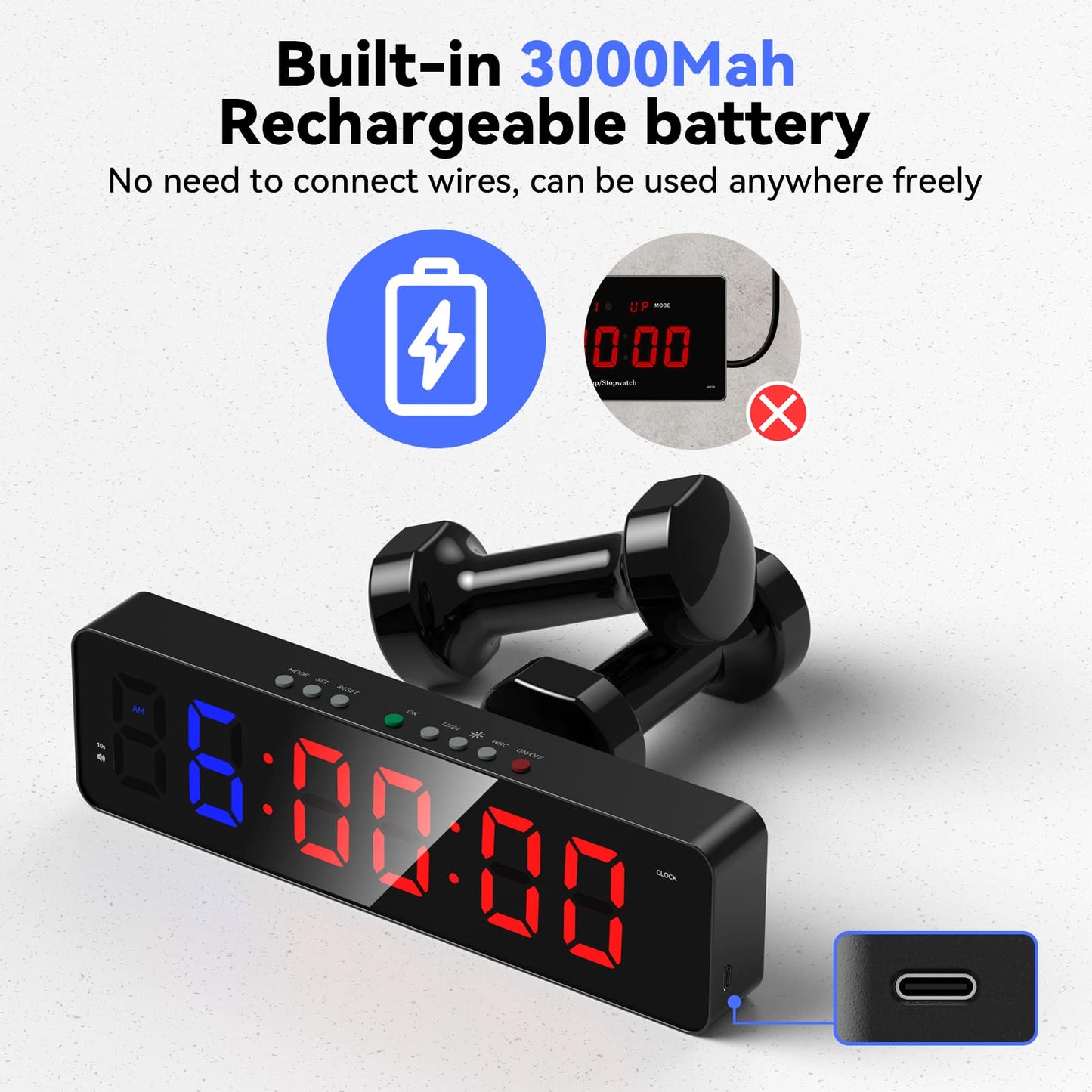 Seesii Gym Timer with Battery 3.0A, Portable Gym Interval Clock with Buttons, Countdown/UP Stopwatch Workout Timer with Remote