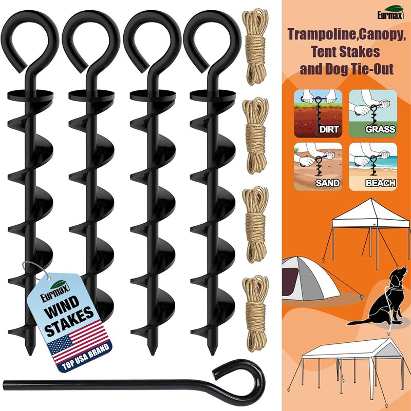 Heavy Duty Ground Stakes - Industrial Grade Spiral Steel Screw-In Anchors | 4 Pack with Bonus Tie-Down Ropes for Trampolines, Canopies, Outdoor Sheds - Black