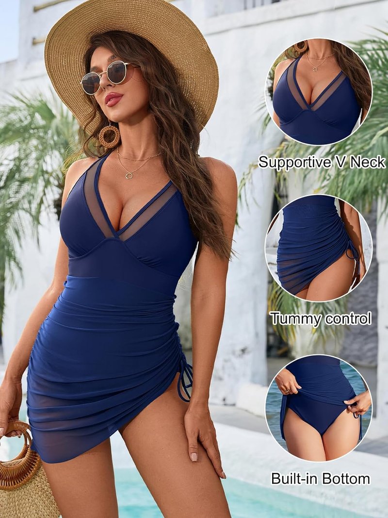 One Piece Swim Dress for Women - Tummy Control Swimsuit with Slimming Mesh Sheer Sarong Wrap