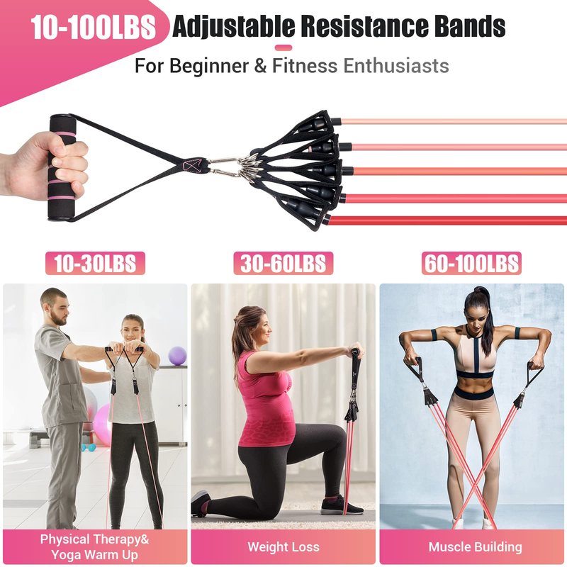 Resistance Bands with Handles for Women, 5 Level Exercise Bands Workout Bands for Physical Therapy, Yoga, Pilates, Door Anchor, Storage Pouch(Pink)