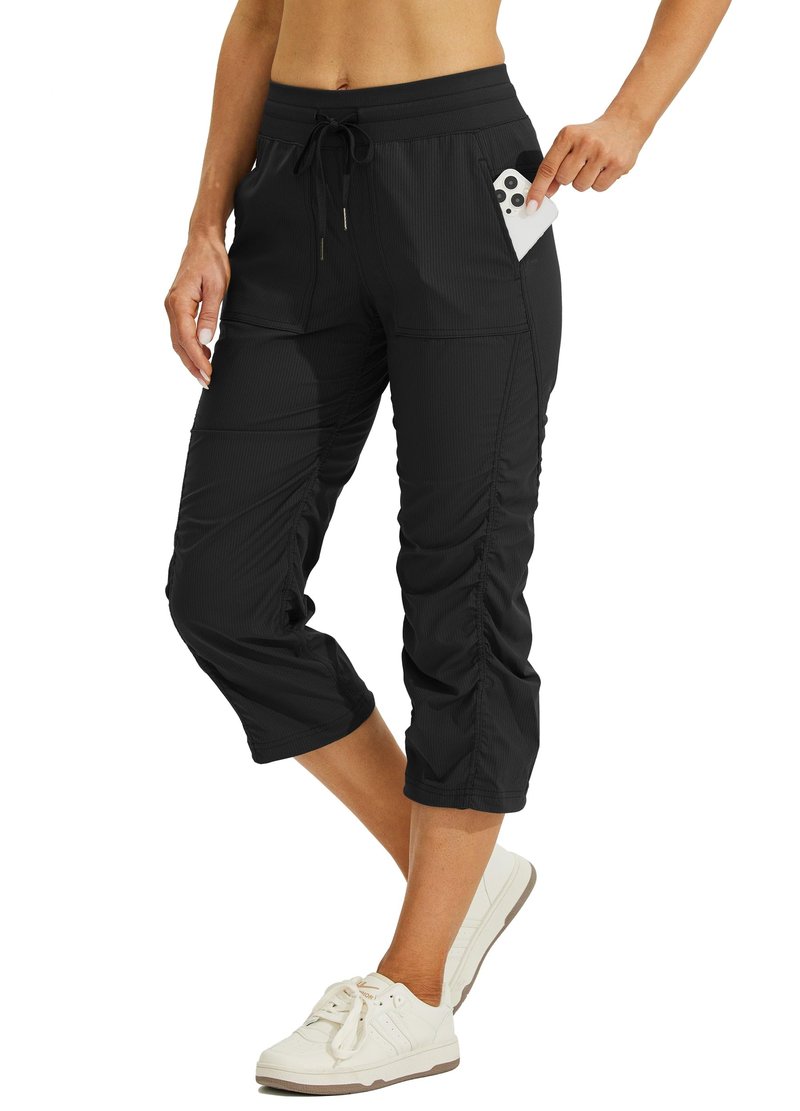 Willit Women's Quick-Dry Capris Travel Pants Lightweight Striped Woven Hiking Workout Casual Pants with Pockets Black L
