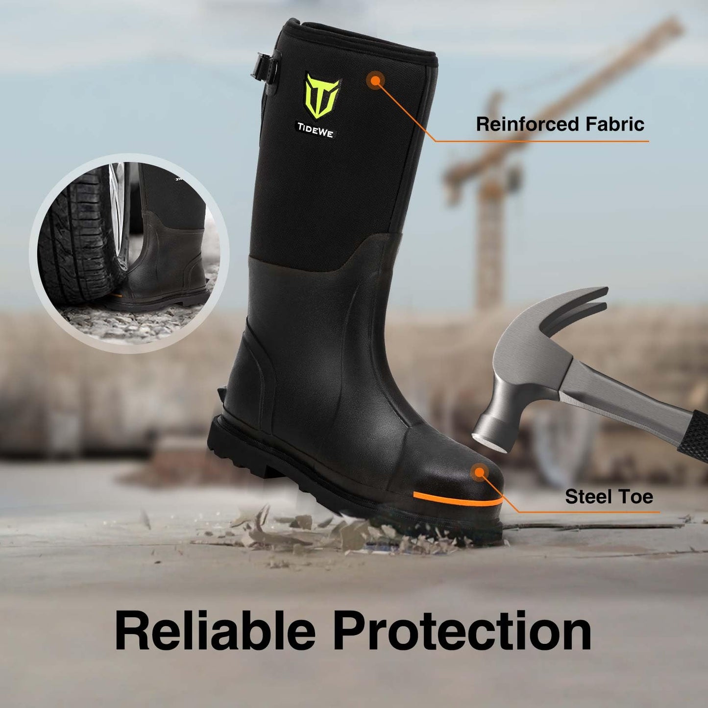 TIDEWE Rubber Work Boot for Men with Steel Toe & Shank, Waterproof Anti Slip Hunting Boot, 6mm Neoprene Hunting Boot for Manufacturing, Construction, Farming, Black, Size 8