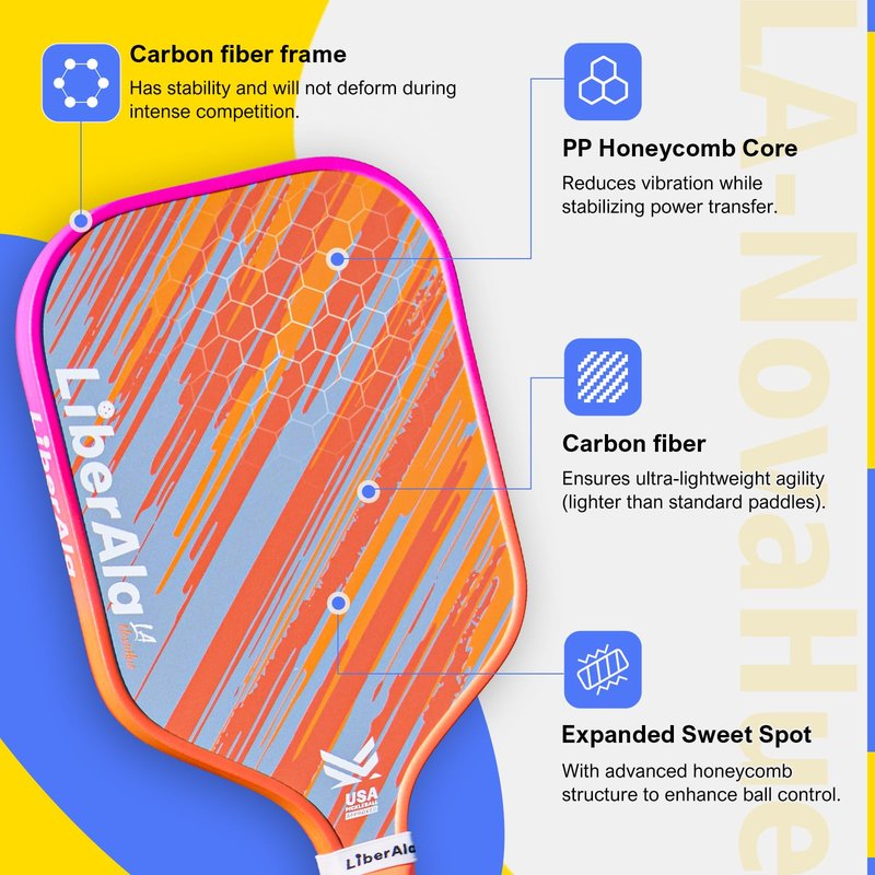 LiberAla Pickleball Paddles, USAPA Approved Carbon Fiber Pickle Ball Paddle, PP Honeycomb Core, Lightweight & Comfort Grip for Beginners, Pros, Men, Women, Adults, Kids