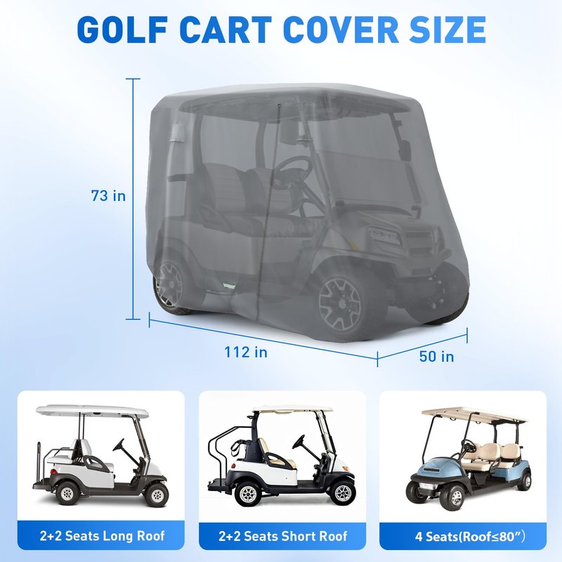 FIXHAWK 2/4 Passenger Golf Cart Cover for Club Car, EZGO,Yamaha Model, 420D PU Oxford Fabrics Waterproof Golf Cart Covers All-Weather Protection Full Cover 3-Zipper (Gray)