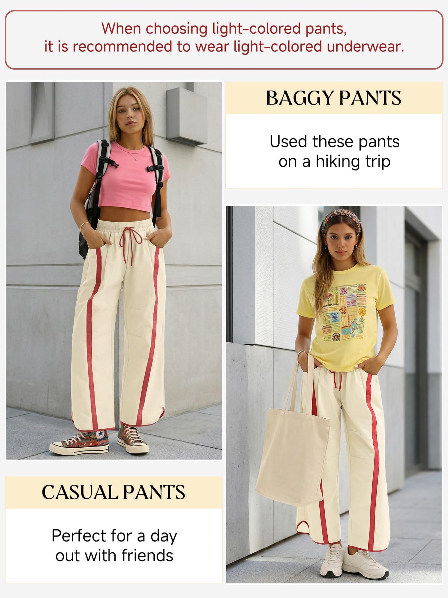 TWQTWQ Women's Wide Leg Track Pants Baggy Drawstring High Rise Side Striped Casual Lightweight Parachute Pants with Pockets(Red,Medium)