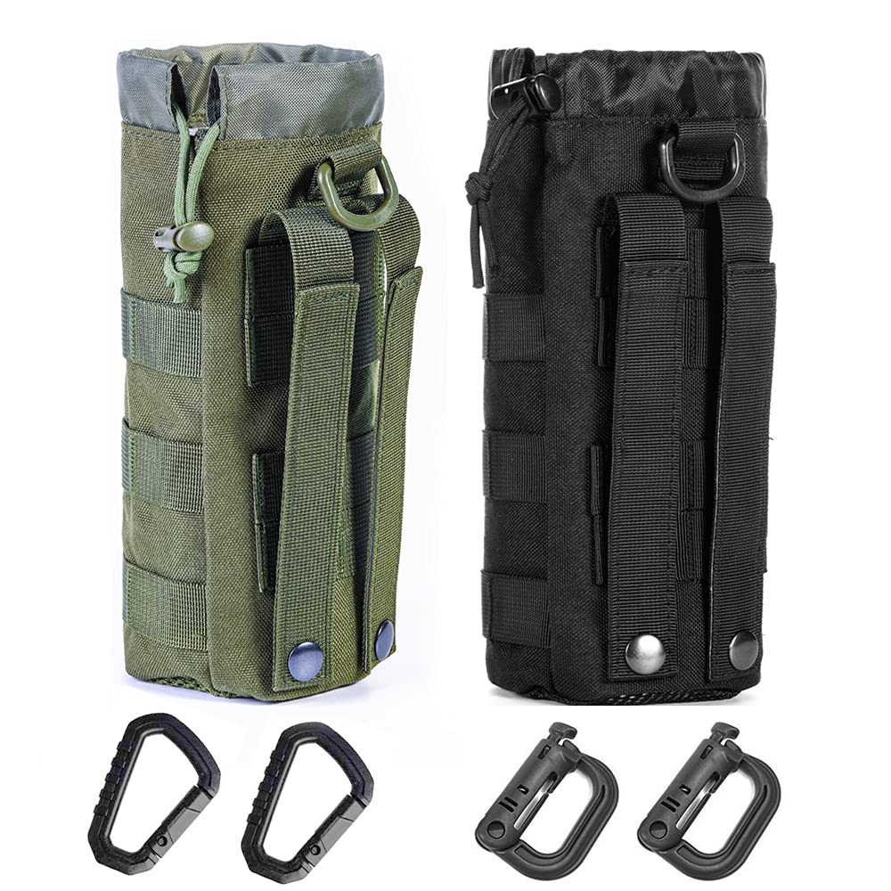 Upgraded Tactical Drawstring Molle Water Bottle Holder Tactical Pouches (Black+Green)