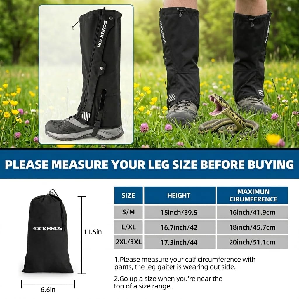 ROCKBROS Snow Boot Leg Gaiters for Hiking Waterproof Leg Gaiter for Skiing Walking Snow Boot Gaiters Tear Resistant Adjustable Gaiters