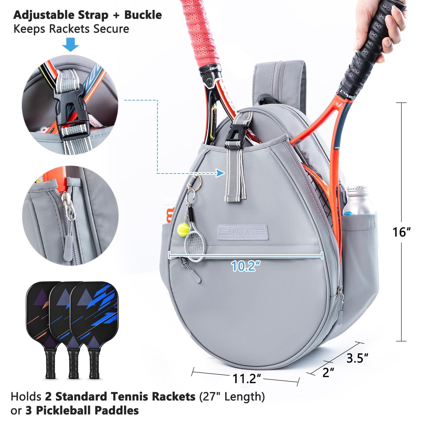 SPORJET Tennis Backpack with 2 Rackets Holder, Water-Resistant PU Leather Tennis Racket Bag for Women & Men, Sling Crossbody Sports Backpack for Tennis, Pickleball & Badminton, Tennis Gifts