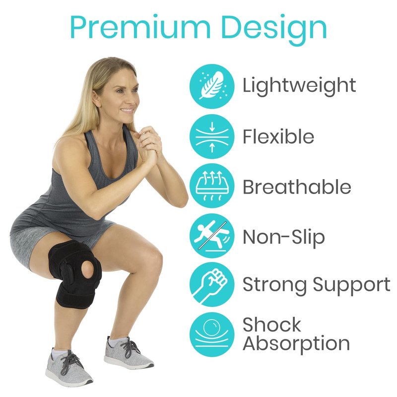 Vive Hinged Knee Brace - Relieves ACL, MCL, Meniscus Tear - Lightweight, Comfortable, Breathable Open Patella Wrap with Side Stabilizers - for Women & Men - Adjustable Strap for Tendonitis