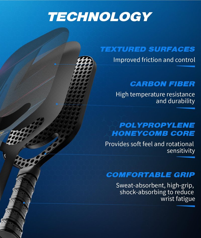 PodiuMax T700 Carbon Fiber Pickleball Paddle with Aero Throat, 13mm Hexa Polymer Core for Power&Control&Spin, Edgeless Pickleball Racket, Lightweight Pickle Ball Paddle for All Players (16" x 7.6")