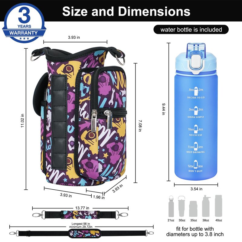 Panmout Magnetic Gym Bag with 27 oz Gym Bottle, Water Bottle Holder Pouch Carrier Bag with Adjustable Strap, Side Pockets, for Outdoor Workout (Pattern)