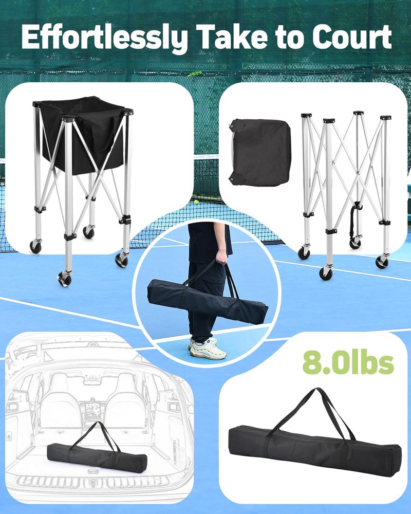 YooKoo Tennis Ball Hopper for 150 Balls, Tennis Ball Basket for Serve Training, Foldable Tennis Ball Cart with Storage Bag, Portable Pickleball Baseball Hopper Basket