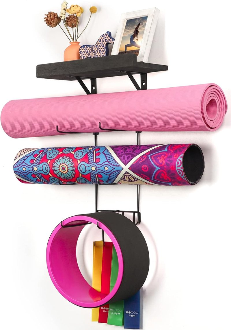 Yoga Mat Holder Wall Mount | Stylish Storage with Wood Shelves & 4 Hooks - Vintage Black