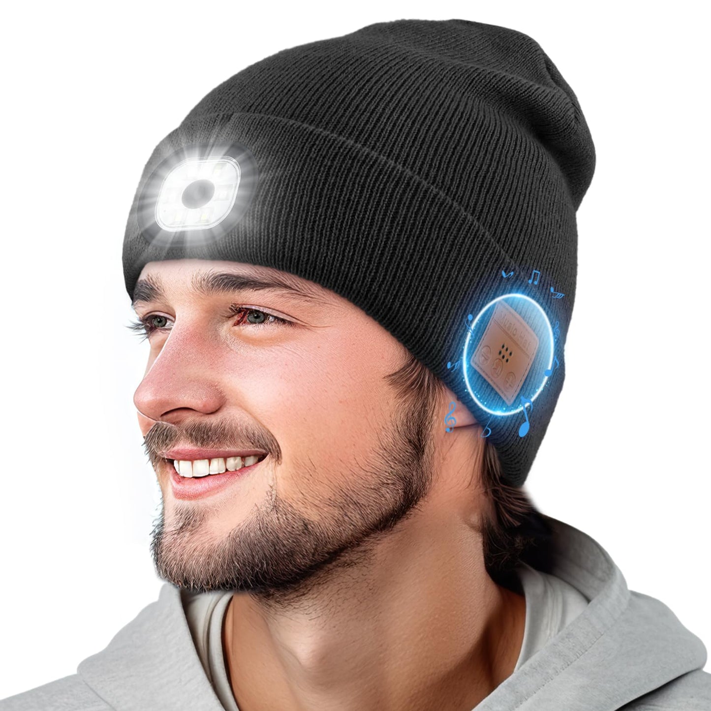 Yontune Bluetooth Beanie Headphone Hat with Light, Unique Tech Gifts for Men Women-Rechargeable LED Skullcap Winter Beanie with Light