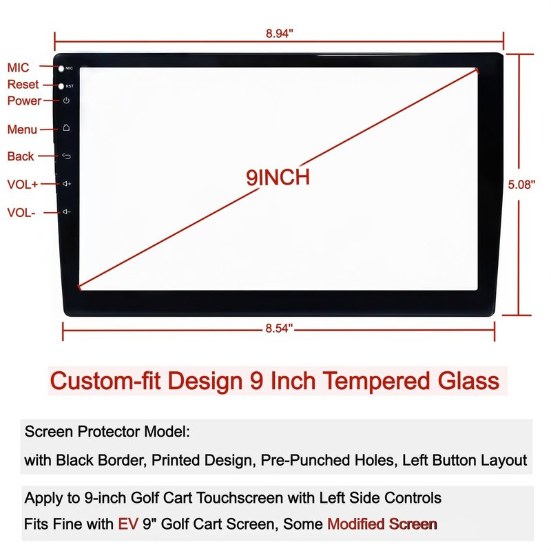 Eoho 9 Inch Golf Cart Screen Protector for EV Touchscreen Left Side Button, Tempered Glass Screen Cover Protector Anti Gravel Glare, Ev Golf Cart Accessories Protective Film(HD, 2 Pack)